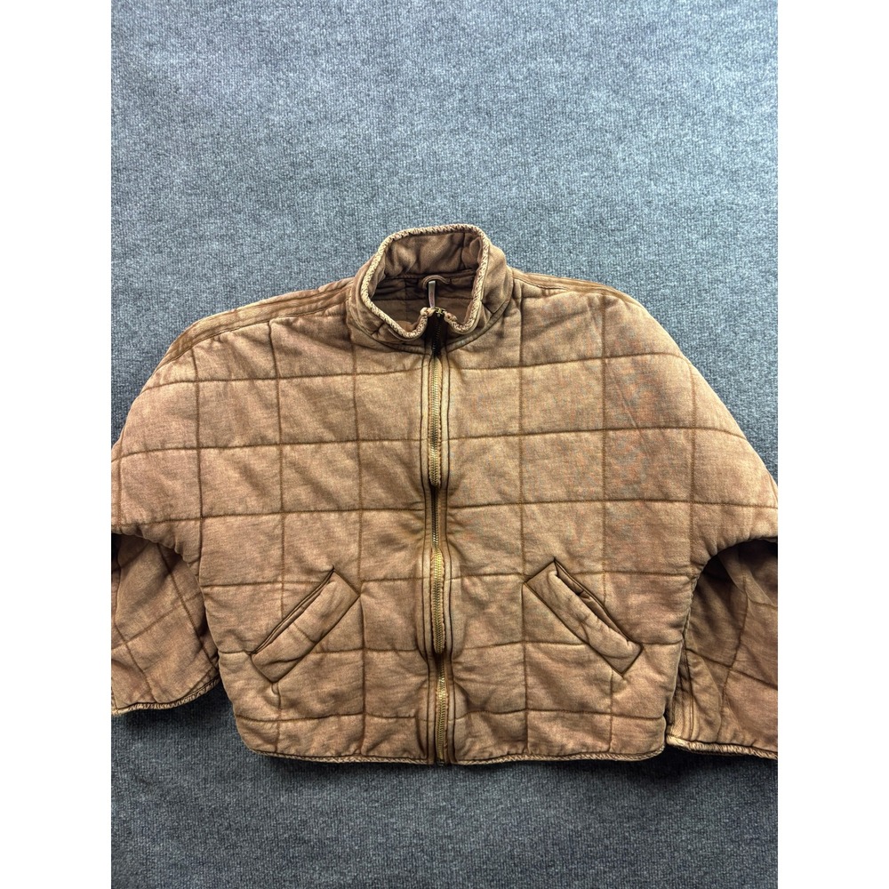 Free People Quilted Bomber Jacket Womens XS Brown Washed Zip Up Cropped Puffer